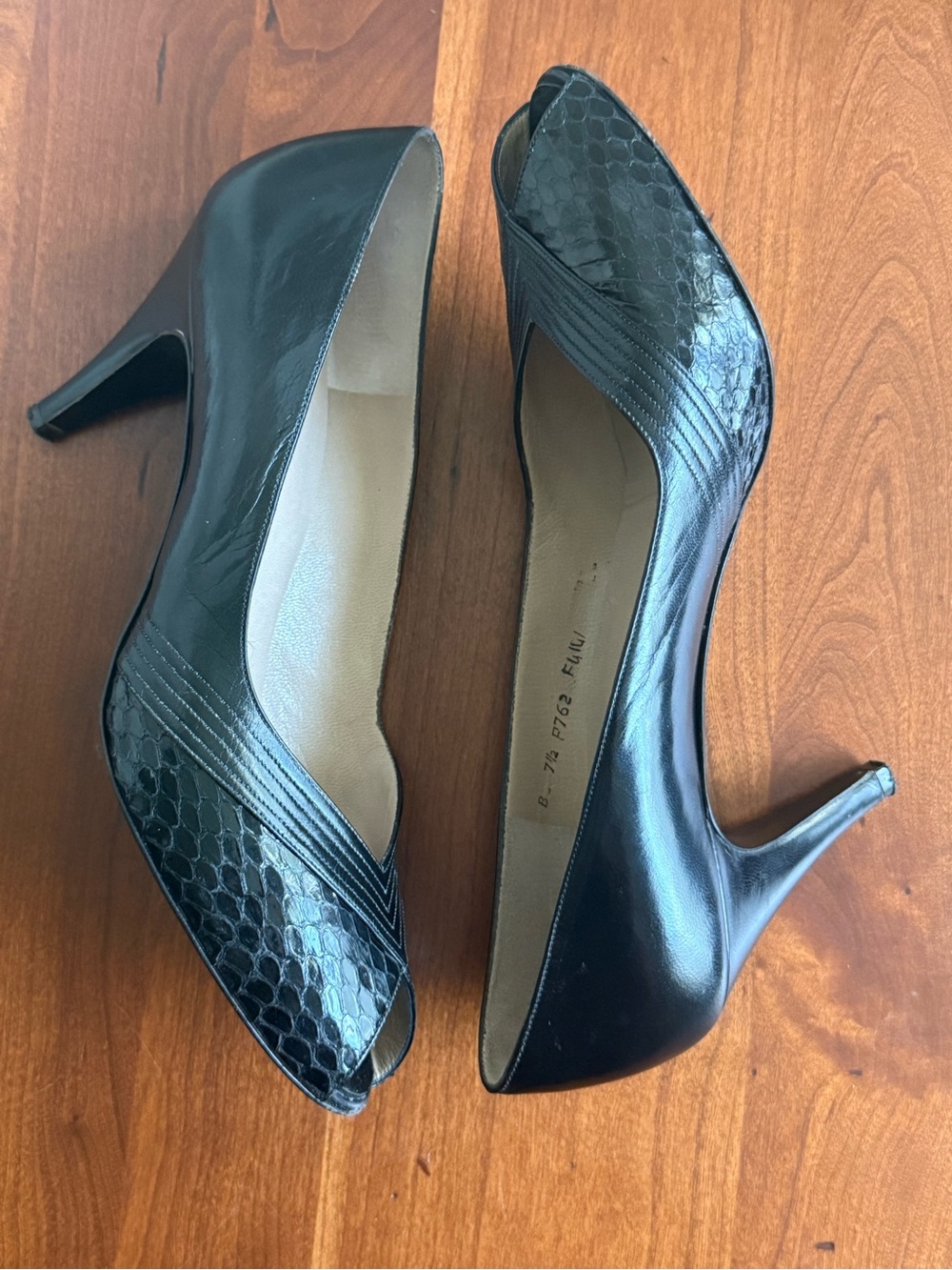 Bruno Magli Black Peep-Toe Pump Heels with Snakeskin Detail